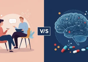Illustrasjon som sammenligner psykoterapi vs. medisinering med en terapeutisk samtale på venstre side og en hjerne med medisiner på høyre side.