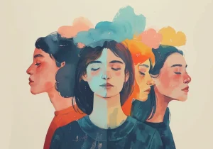 Kunstnerisk illustrasjon som symboliserer stigma og misoppfatninger om psykose gjennom fargerike og delte uttrykk for følelser.