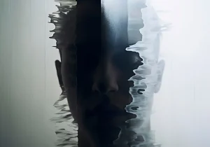 Abstrakt bilde av et ansikt delt av forvrengte linjer, som symboliserer indre uro, ofte assosiert med borderline eller bipolare psykiske helseproblemer og identitetsforvirring.