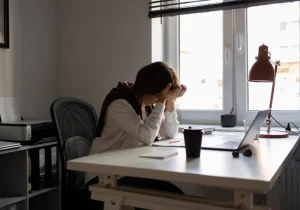 Kvinne ved skrivebord med hodet i hendene, tydelig stresset på jobb – illustrerer temaet forsta-arbeidsrelatert-stress i en moderne kontorsetting.
